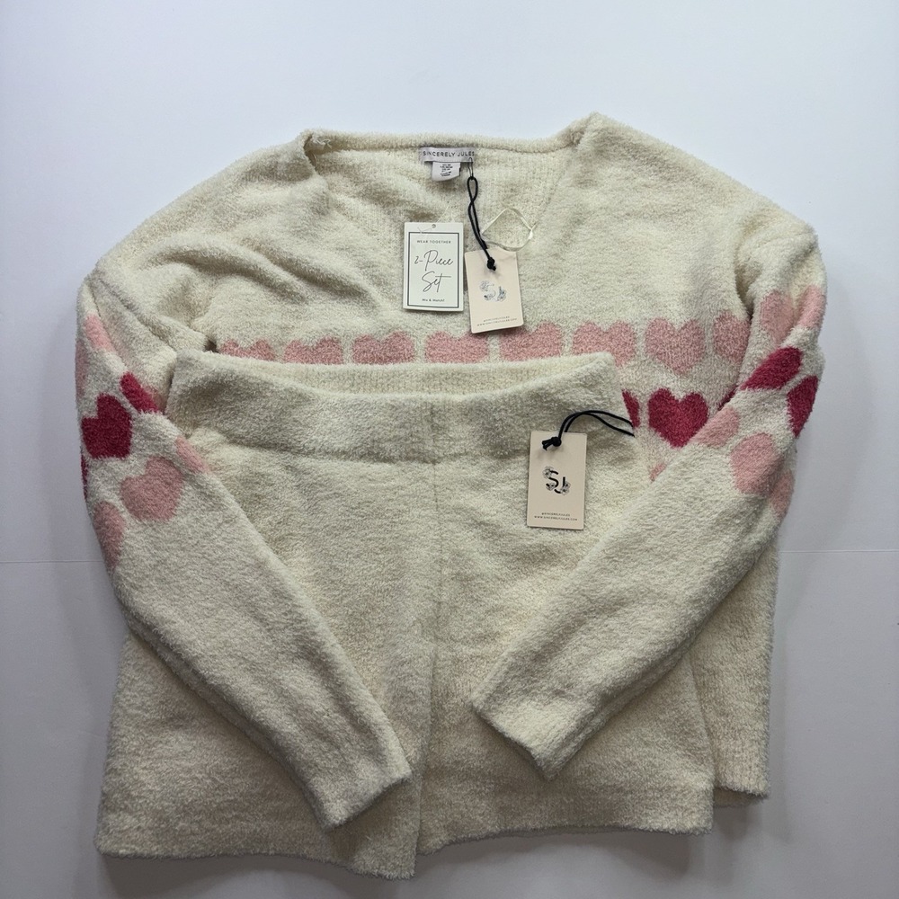 NWT Sincerely Jules 2-Piece Teddy Knit Loungewear Set Cream Heart V-Neck Size M
